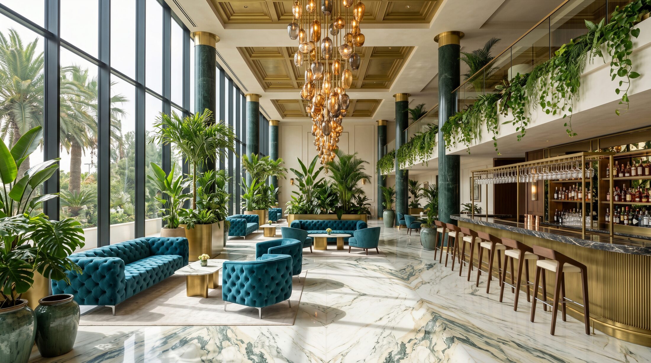 Lobby de hotel com amplas vidraças: sofás e maples capitonados em veludo azul-petróleo, pavimento de mármore com veios, colunas verde-escuro, palmeiras, lustre em vidro soprado, bar ao fundo.