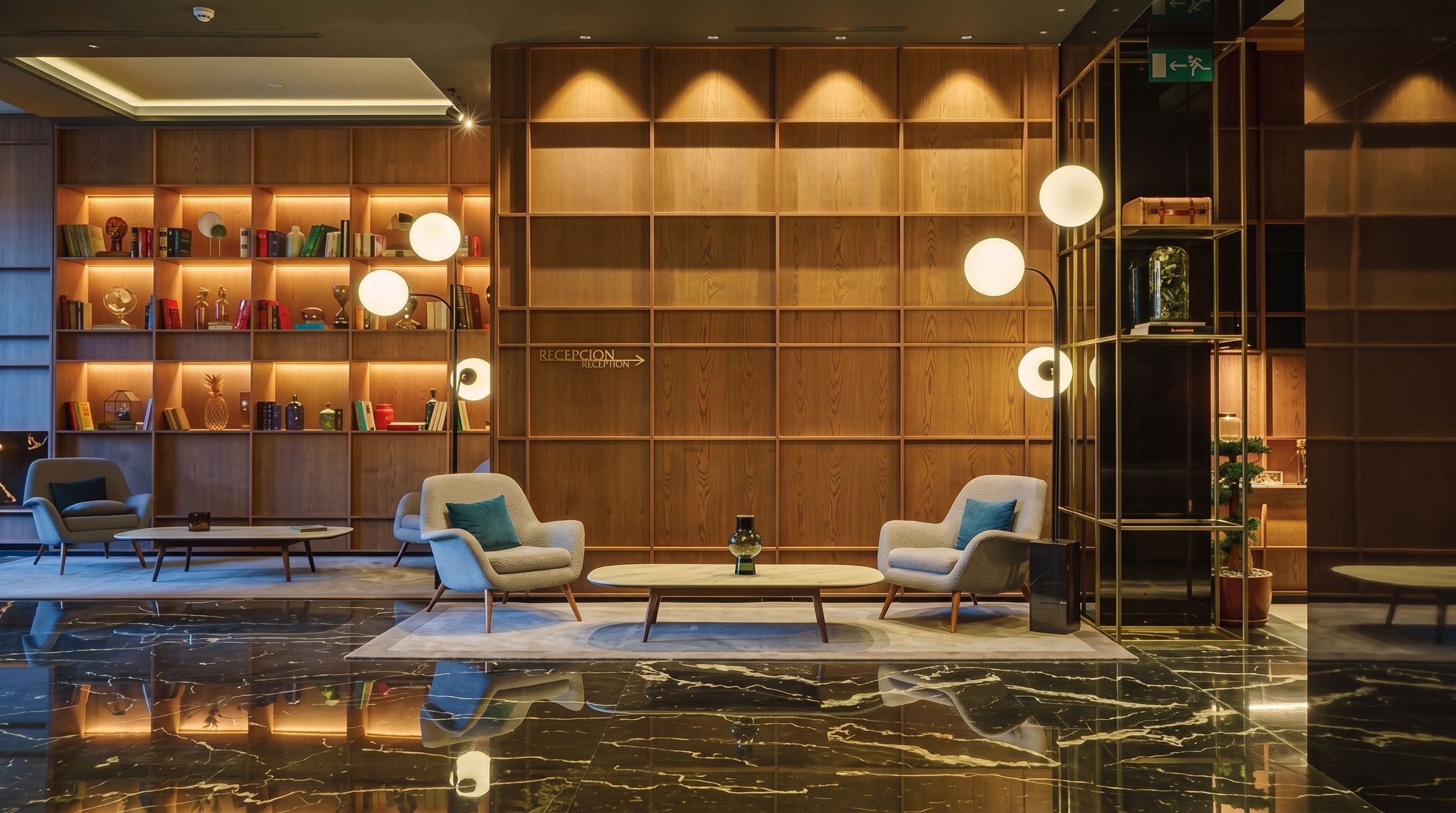 Hall de hotel revestido a madeira: dois maples claros em torno de uma mesa de apoio oval, estante iluminada, pavimento de mármore escuro.
